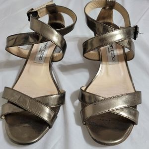 Jimmy Choo Womens Gold Open Toe Wedge Heel Strappy Sandals Size US 6.5 EUR 37